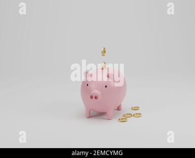 Pink piggy bank e monete d'oro su sfondo bianco. Risparmio di denaro e pianificazione finanziaria. Rendering 3D. Foto Stock