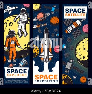 Esplorazioni spaziali, astronauti, satelliti e navette vetriali banner vettoriali retrò. Galaxy spedizione, esplorazione e avventura nello spazio. Spaceman cosmo Illustrazione Vettoriale