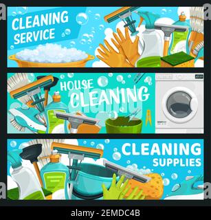 Servizio di pulizia, lavanderia e banner vettoriali per l'igiene. Guanti in gomma e spatola per finestre, spazzolone e scopa, sapone per stoviglie, lavatrice e ferro da stiro, spazzola, bu Illustrazione Vettoriale