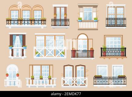 Finestre e balconi decorazione vettoriale di architettura esterna e interna. Facciata vintage edificio muro con balcone ringhiera finestre e vaso pla Illustrazione Vettoriale