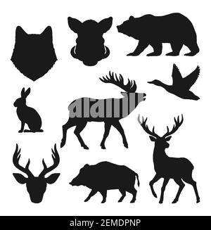 Sagome degli animali, icone vettoriali di caccia dell'orso selvatico, del cervo e dell'alce. Caccia trofeo animali cinghiali, alci e coniglio o lepre, lupo di foresta o testa di volpe s. Illustrazione Vettoriale