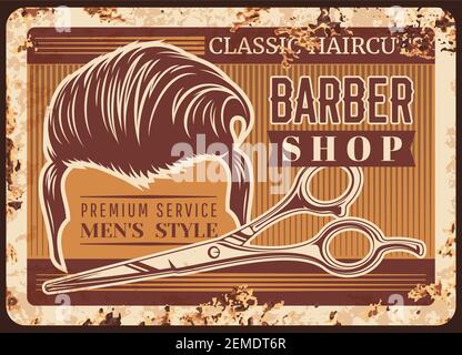 Barbiere arrugginito metallo plate vettore. Intagliare e spazzolare i capelli da uomo, cesoie per parrucchieri con finger brace inciso illustrazione. Parrucchieri uomo sa Illustrazione Vettoriale