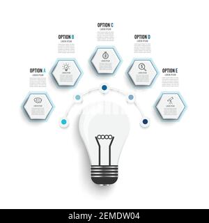 Infografica astratta modello a cinque opzioni. Concetti per grandi idee, marketing, brainstorming, business, analisi, strategia aziendale, project management. Illustrazione Vettoriale