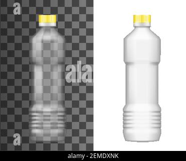 Bottiglia di plastica, pacchetto olio, modello mockup vuoto realistico, vettoriale 3D. Bottiglia di olio di girasole, di oliva o di mais con coperchio giallo isolato sul ricambio Illustrazione Vettoriale