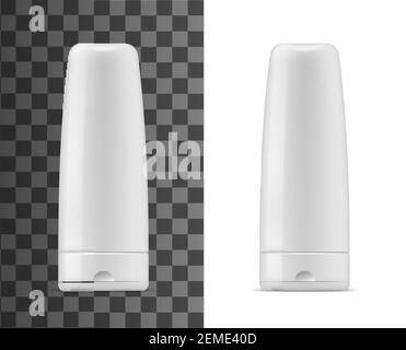 Shampoo o bottiglie balsamo mockup vettoriale isolato. Confezioni di contenitori cosmetici bianchi, provette vuote per prodotti di bellezza, modello di confezionamento per la cura dei capelli. Shamp Illustrazione Vettoriale