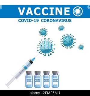 Covid-19 banner di concetto del vaccino del coronavirus. Strumento di iniezione a siringa per il trattamento di immunizzazione e il flacone di vaccino. Trattamento, prevenzione o lotta Illustrazione Vettoriale