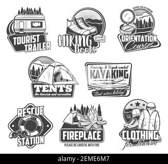 Campeggio, escursioni, kayak icone, turismo di viaggio sport e avventura all'aperto, vettore. Campeggio montagna camino e escursioni club spedizione, montagna Illustrazione Vettoriale