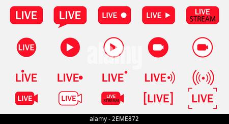 Grande set di icone vettoriali per lo streaming live. Simboli rossi e pulsanti per la trasmissione, il live streaming o lo streaming online. Modello di progettazione per tv, canale online, Illustrazione Vettoriale