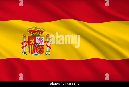 Bandiera spagnola, identità nazionale spagnola, disegno vettoriale con stemma e corona su sfondo giallo e rosso. Lingua straniera, internazionale Illustrazione Vettoriale