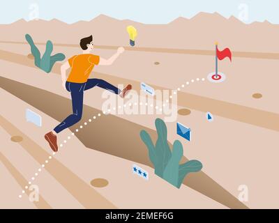 Un giovane uomo che corre supera gli ostacoli per raggiungere i suoi obiettivi. Deserto savana paesaggio, una metafora per superare gli ostacoli sulla strada. Appartamento alla moda Illustrazione Vettoriale