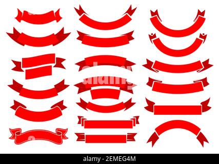 Nastri rossi, banner vettoriali. Rotoli vintage, nastro bianco e nastro con bordi arricciati e rotazioni. Decorazioni festive per il vincitore premio, celebrazione e s Illustrazione Vettoriale