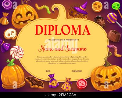 Diploma di bambino con i dolci vettoriali di Halloween e lanterna di zucca. Biscotto con bat, caramelle choco, verme di gelatina e cupcake nel cappello di strega, caramella lollipo cranio Illustrazione Vettoriale