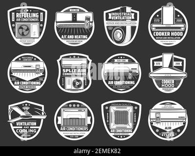 Icone di condizionamento e ventilazione, impianto di climatizzazione a domicilio, segnaletica vettoriale. Aria condizionata, ventilazione, raffreddamento ad aria e riscaldamento sistema di climatizzazione split Illustrazione Vettoriale