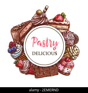 Torta e cupcakes pasticceria vettore banner rotondo. Panificio negozio dolce schizzo dessert, pasticceria caffè. Muffin e cheesecake, cupcake al cioccolato con ber Illustrazione Vettoriale