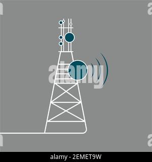 Design vettoriale piatto della torre di rete, concetto di rete 5G, torre cellulare con dispositivi elettronici e comunicazioni satellitari, icona, illustrazione vettoriale, piatto Illustrazione Vettoriale