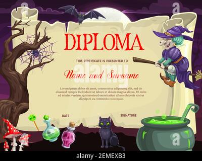 Diploma di bambino con la strega vettore di Halloween su scopa, gatto nero, pipistrello e ragno su web, calderone, mosca agarica e pozione. Certificato di scuola, scuola materna Illustrazione Vettoriale