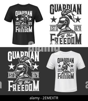 Stampa TShirt con mascotte vettoriale testa cavaliere. Abbigliamento mockup con gladiatore romano o greco, saldatore o guerriero in casco con piombo e capo, tipograp Illustrazione Vettoriale