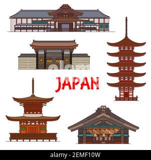 Templi giapponesi, pagode e santuari, edifici vettoriali giapponesi. Izumo-taisha o Izumo Oyashiro Shinto santuario, Daigo-ji Sampo-in tempio a Kyoto e Hon Illustrazione Vettoriale
