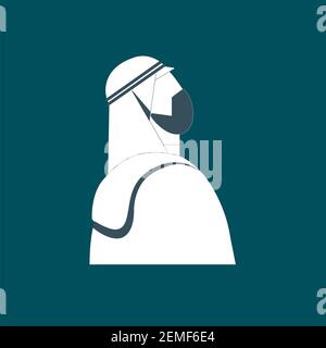 Uomo arabo con maschera che guarda in piano, un uomo Saudita icona con shemagh e un thobe Illustrazione Vettoriale