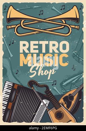 Negozio di strumenti musicali retrò, poster d'epoca con folk, country o rari strumenti musicali. Negozio di musica retrò chitarra mandolino, batteria classica, fo Illustrazione Vettoriale