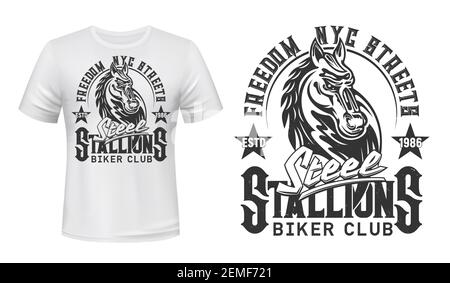 Stampa TShirt con testa di stallone a cavallo. Mascotte o tatuaggio vettoriale per biker club, abbigliamento bianco o design mockup uniforme. T-shirt modello activewear, monoch Illustrazione Vettoriale