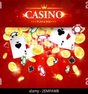 Casino poker vincere jackpot vettoriale, quattro assi carte, giocare chip e monete d'oro che cadono su sfondo rosso brillante con la tipografia d'oro. Gambli Illustrazione Vettoriale