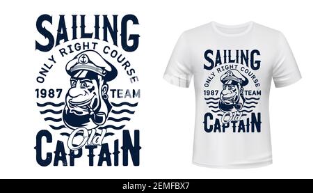 Stampa vettoriale t-shirt capitano veliero. Capitano sorridente, vecchio marinaio in cappellino di servizio con pipa fumante in bocca retrò illustrazione e tipografia. Illustrazione Vettoriale