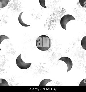Motivo trendy nero luna acquerello con gocce acquerello su sfondo. Modello senza cuciture perfetto per carta, tessuto, tessuto, abbigliamento. Illustrazione Vettoriale