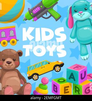 Giocattoli per bambini treno vettoriale, palla e pistola ad acqua con blocchi cubici di legno, auto, orso morbido, coniglio peluche o piramide di plastica. Giochi per bambini per educati Illustrazione Vettoriale