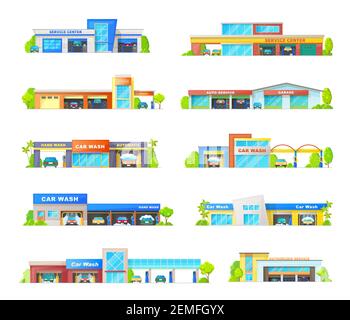 Autolavaggio e garage stazione di servizio edifici icone vettoriali. Stazione di officina per riparazioni meccaniche di veicoli, servizi di autolavaggio di trasporto integrati Illustrazione Vettoriale