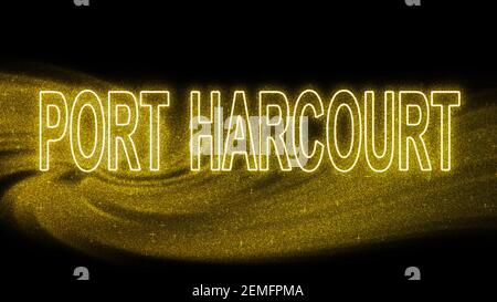 Port Harcourt Gold glitter lettering, Port Harcourt Turismo e viaggi, testo tipografico creativo banner, su sfondo nero. Foto Stock