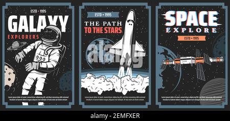 Spazio e galassia Esplora i poster vettoriali dei programmi. Astronauta nel vuoto cosmico, lanciando alla navicella spaziale delle stelle, modulo della stazione spaziale che vola in gala Illustrazione Vettoriale