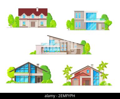 Case immobiliari, case e bungalow icone edifici. Ville di architettura classica e moderna, casa rurale in legno e ville di lusso a due piani o. Illustrazione Vettoriale