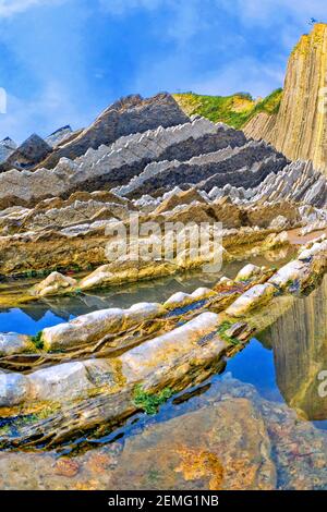 Strati fortemente inclinati di Flysch, scogliere di Flysch, Costa Basca UNESCO Global Geopark, European Geopark Network, Zumaia, Guipuzcoa, Paesi Baschi, Spagna Foto Stock