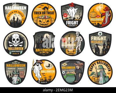 Halloween vetector badge con zucche, fantasmi horror e pipistrelli spooky, strega, cranio e mummia, scheletro della morte, arrabbiato mago e pozione cauldron, haunte Illustrazione Vettoriale