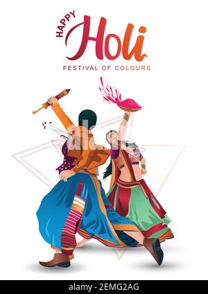 Happy holi sfondo bianco con tradizionale danza di coppia indiana per la Santa celebrazione. Illustrazione vettoriale Illustrazione Vettoriale