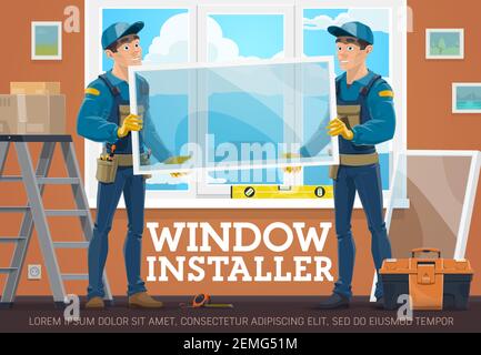 Banner vettore di servizio dei programmi di installazione di Windows. Operai edili che tengono il vetro, la struttura di misurazione e l'installazione di finestre in plastica in casa o appartamento, wor Illustrazione Vettoriale