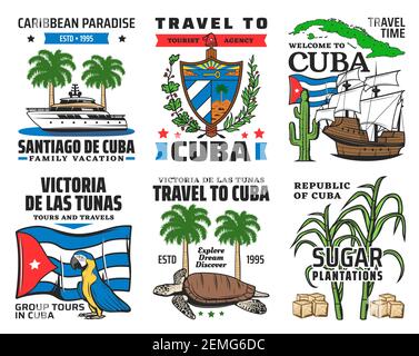 Cuba viaggio turistico, paradiso dei caraibi icone vacanza famiglia. Yacht e palma reale, stemma cubano e bandiera nazionale, pappagallo di macaw, tartaruga marina, s Illustrazione Vettoriale