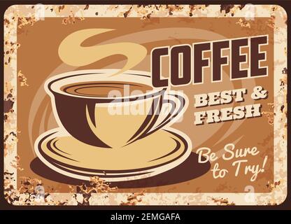 Tazzina da caffè a vapore con piastra metallica arrugginita vettoriale, tazza con vapore al piattino e simbolo di ruggine per bevande calde e fresche. Coffee House retro promo pos Illustrazione Vettoriale