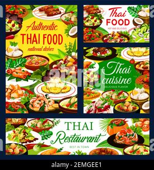 Thailandia cucina ristorante pasti banner. Piatti thailandesi. Curry piccante e zuppe con pollo e verdure, riso, tagliatelle e polpette di pesce, sudore Illustrazione Vettoriale