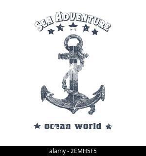 Set oceano disegnato a mano vintage con ancora in stile grunge. Cornice vettoriale. Etichetta mare e silhouette Illustrazione Vettoriale