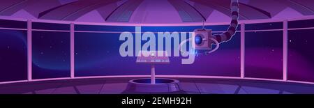 Centro di controllo navicella spaziale, interno cabina capitano con pannello hud centro dati e ampie finestre vista cosmo. Orlop alieno futuristico, cockpit in veicolo spaziale, razzo interstellare Cartoon vettore illustrazione Illustrazione Vettoriale