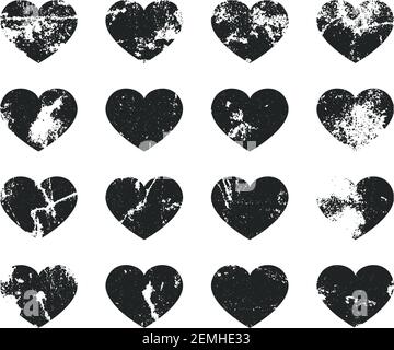 Set di cuori grunge. Montature retrò per emblemi. Vintage vettoriale afflitta timbro. Illustrazione Vettoriale