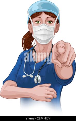Medico o infermiere Donna in scrub uniforme puntamento Illustrazione Vettoriale