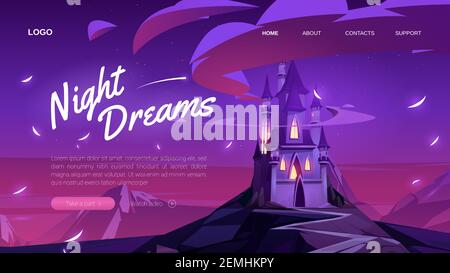 Banner sogni di notte. Evento fantasy, festa, festival o celebrazione. Vettore landing page con cartoni animati paesaggio con fiaba magica castello in montagna di notte Illustrazione Vettoriale