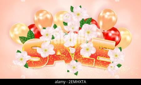 Sfondo rosa con fiori di ciliegio, palline d'aria e iscrizione sale. Poster, banner per la pubblicità Illustrazione Vettoriale