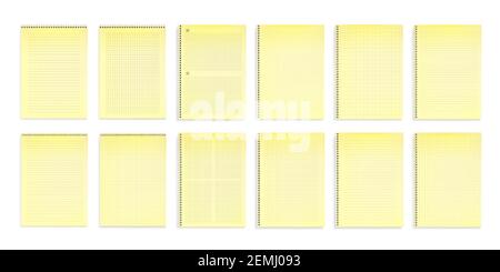 Notebook con carta gialla in linee, punti e vista dall'alto a griglia quadrata. Mockup vettoriale realistico di notepad con leganti a filo a spirale e modello di linea isolato su sfondo bianco Illustrazione Vettoriale