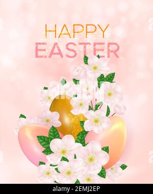 Sfondo rosa pasquale con uova di pasqua realistiche e fiori di ciliegia. Modello per invito, banner, poster con uova di pasqua, fiori di primavera Illustrazione Vettoriale