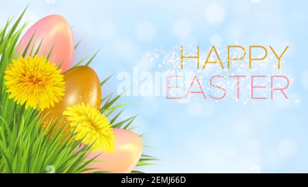 Sfondo blu chiaro di Pasqua con uova e dandelioni di pasqua realistici. Modello per biglietto d'invito, banner, poster con uova di pasqua, fiori Illustrazione Vettoriale