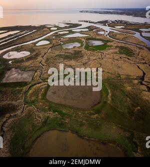 Veduta aerea del Bacino di Arcachon, Audenge e Biganos, il delta del fiume Eyre al tramonto Foto Stock